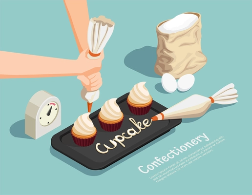 Confectionery chef isometric concept with cupcake and cream symbols vector illustration