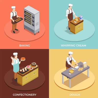 Confectionery chef concept isometric icons set with bakery symbols isolated vector illustration