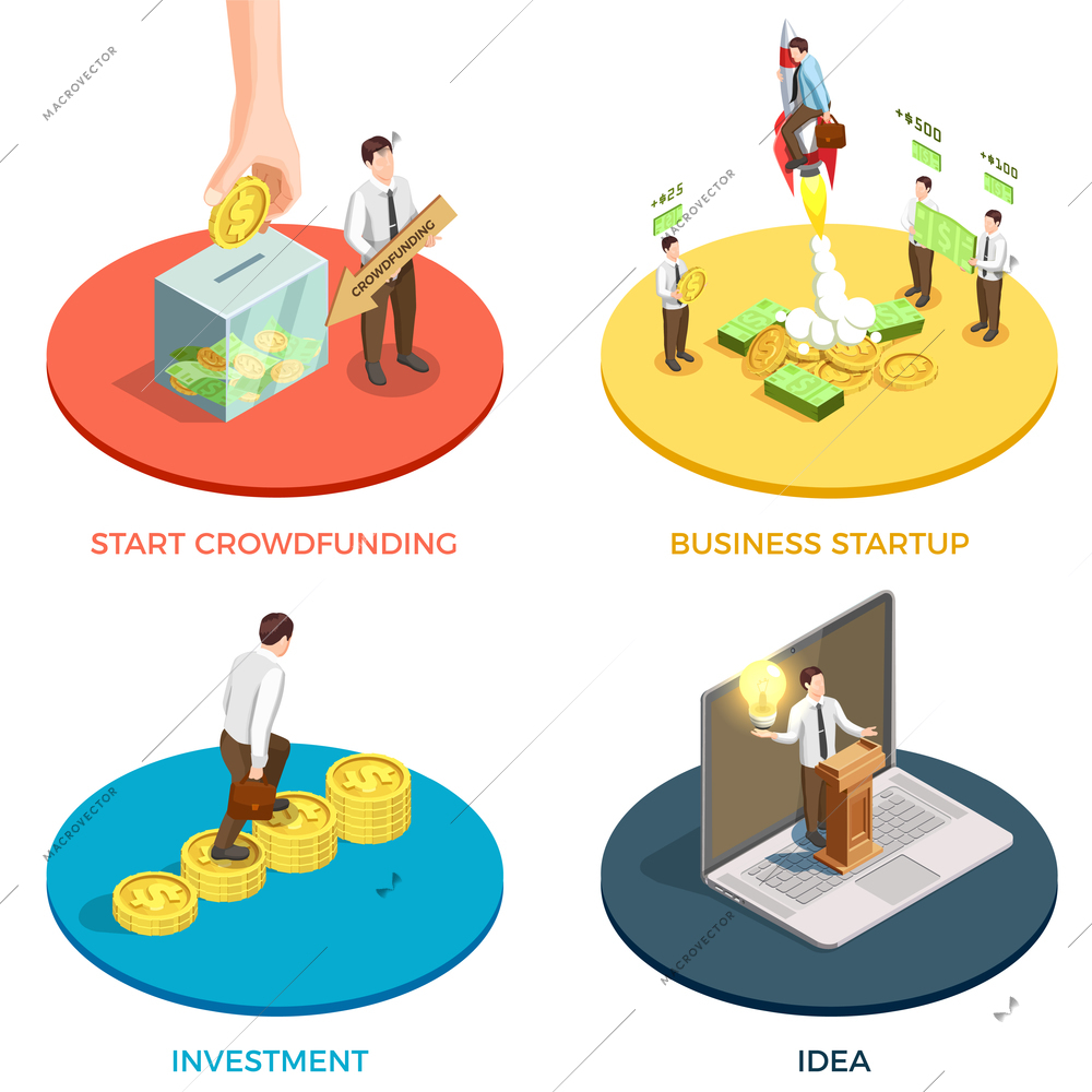 Crowdfunding  concept isometric icons set with investment and ideas symbols isolated vector illustration