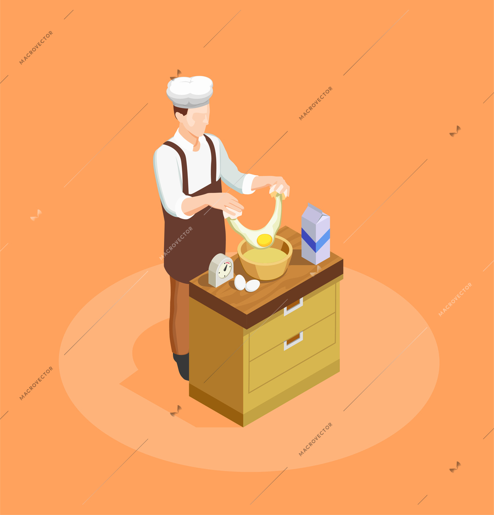 Confectionery and bakery chef with ingredients and pastry symbols isometric vector illustration