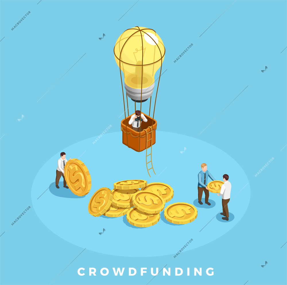 Crowdfunding and money isometric composition with people and ideas symbols on blue background vector illustration