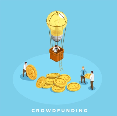 Crowdfunding and money isometric composition with people and ideas symbols on blue background vector illustration