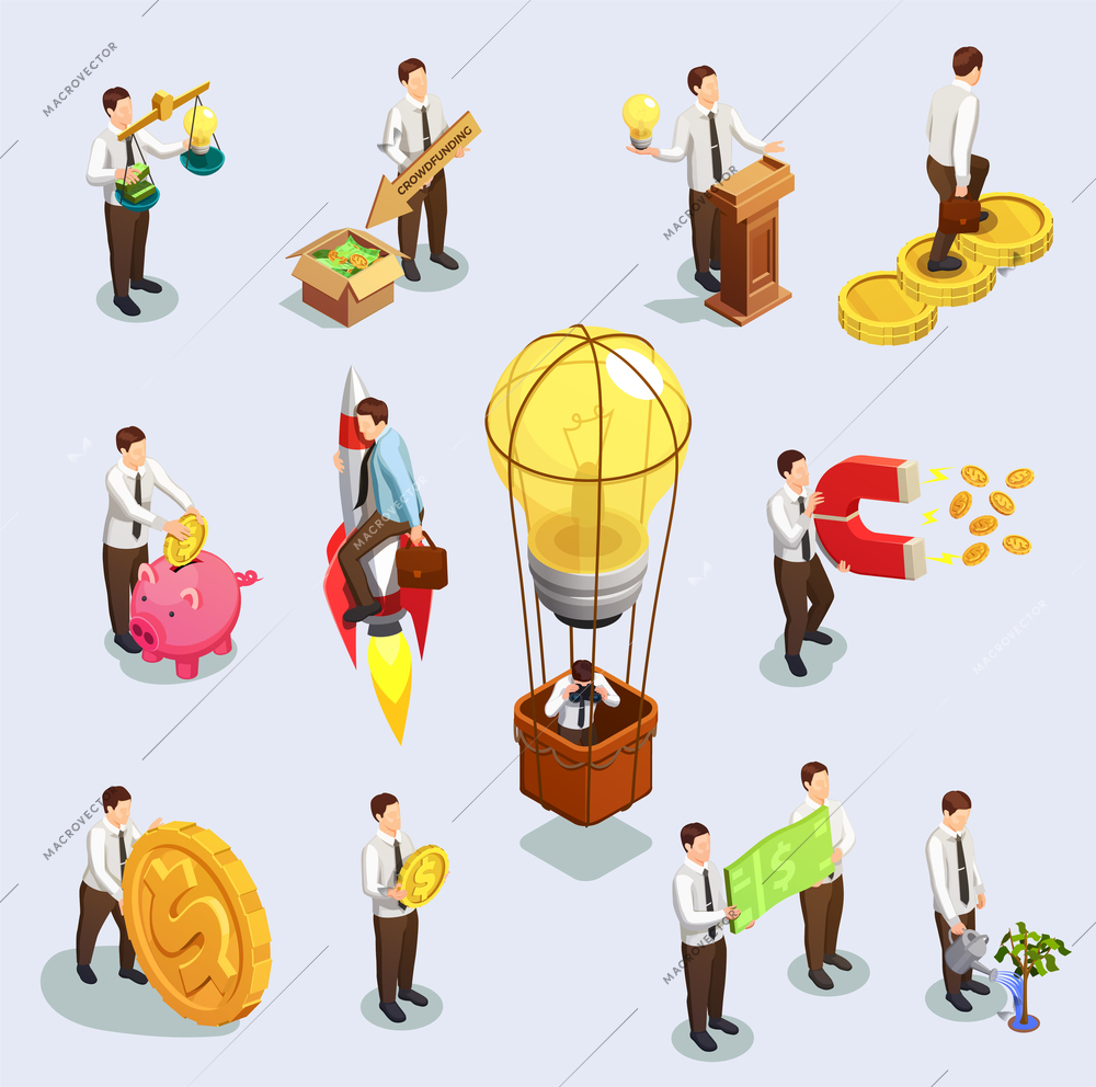 Crowdfunding isometric icons set with business and money symbols isolated vector illustration