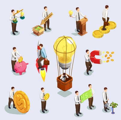 Crowdfunding isometric icons set with business and money symbols isolated vector illustration