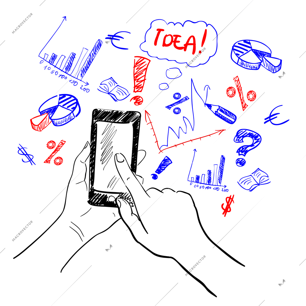 Hands holding smartphone touchscreen sketch business elements background vector illustration