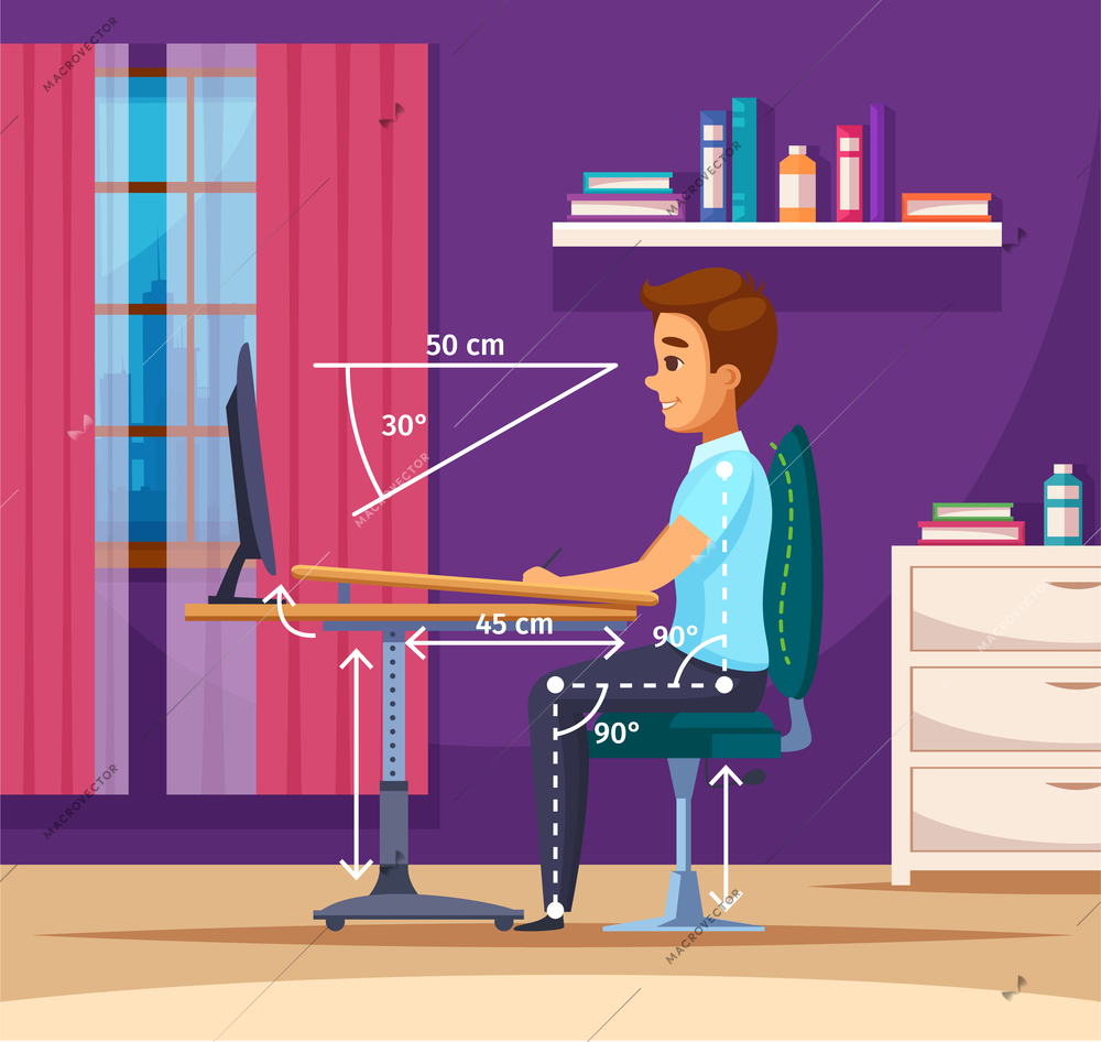 Children posture cartoon composition with indoor interior and teenage boy character sitting at computer proper position vector illustration