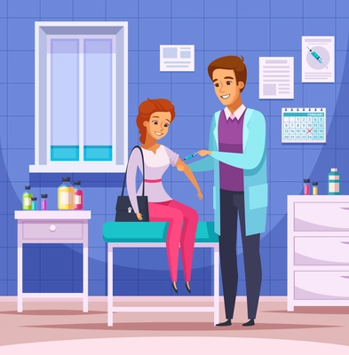 Vaccination Immunity cartoon composition with doodle human characters of doctor and patient with indoor office scenery vector illustration