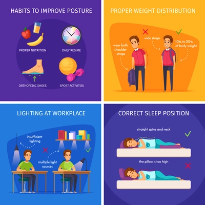 Children posture cartoon 2x2 design concept with correct sleep positions sufficient lighting and weight distribution images vector illustration