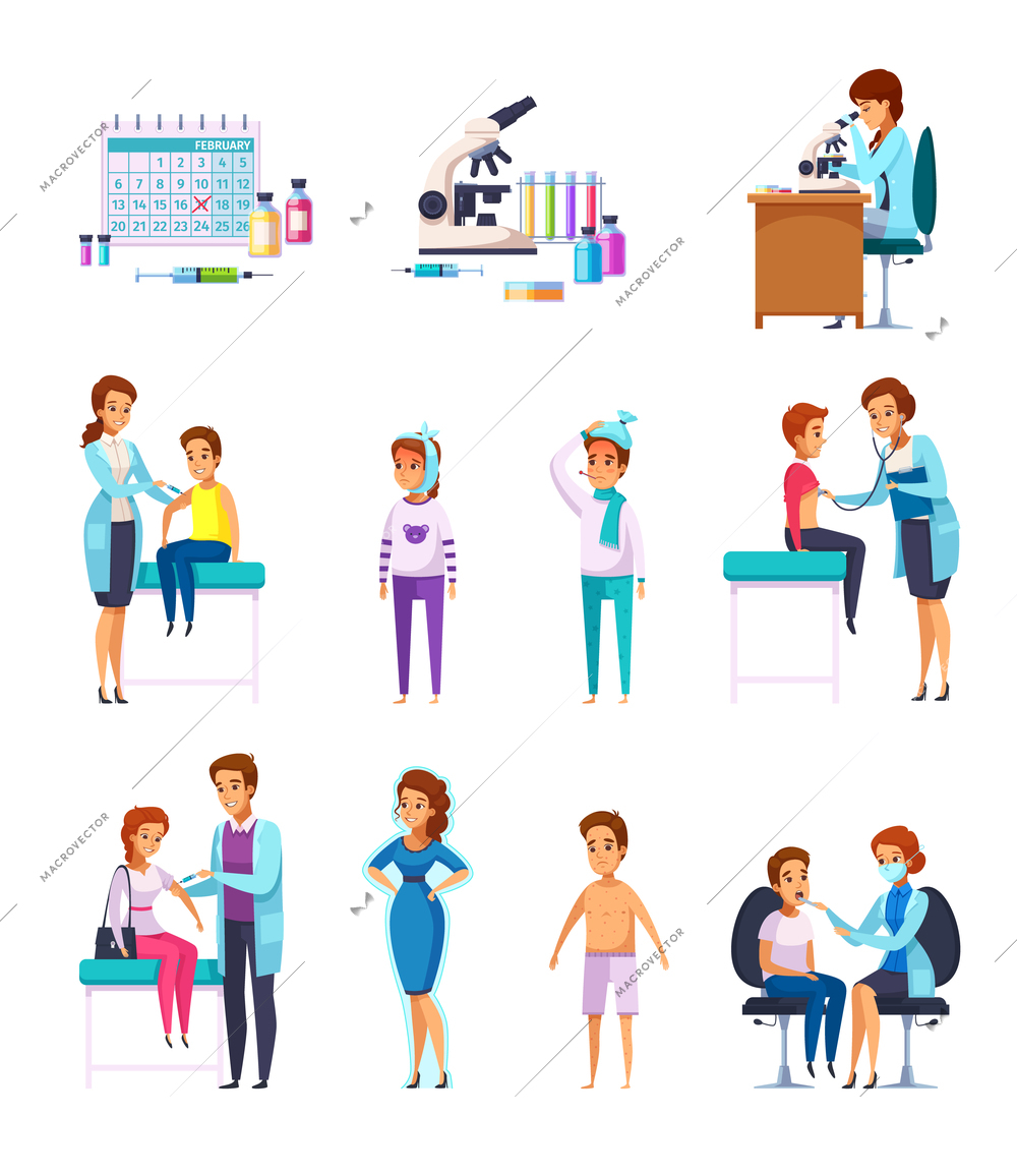 Vaccination immunity cartoon set of flat isolated human characters with patient kids and adult doctors  microscope vector illustration