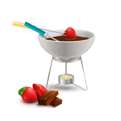 Chocolate fondue with strawberry in culinary utensil with candle realistic composition on white background vector illustration