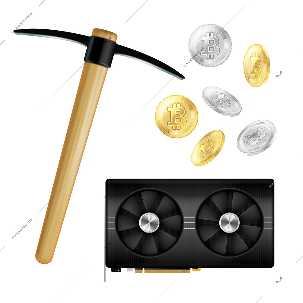 Crypto currency mining realistic icons with pick, golden and silver bitcoins, computer hardware isolated vector illustration