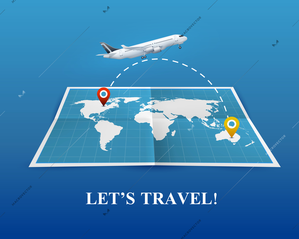 Travel by airplane realistic composition on blue background with world map and flight route, vector illustration