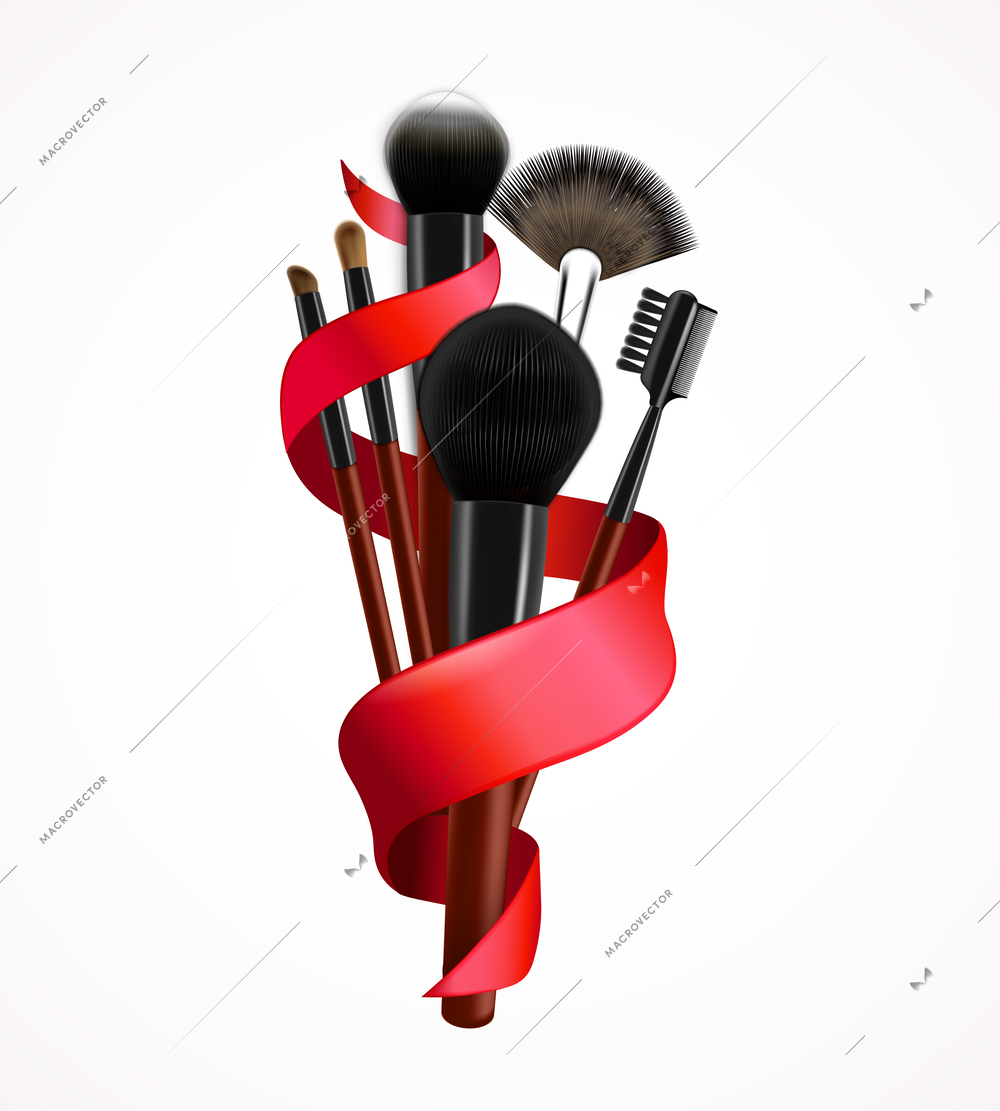 Realistic make up brushes with twisted red ribbon, 3d composition on white background vector illustration