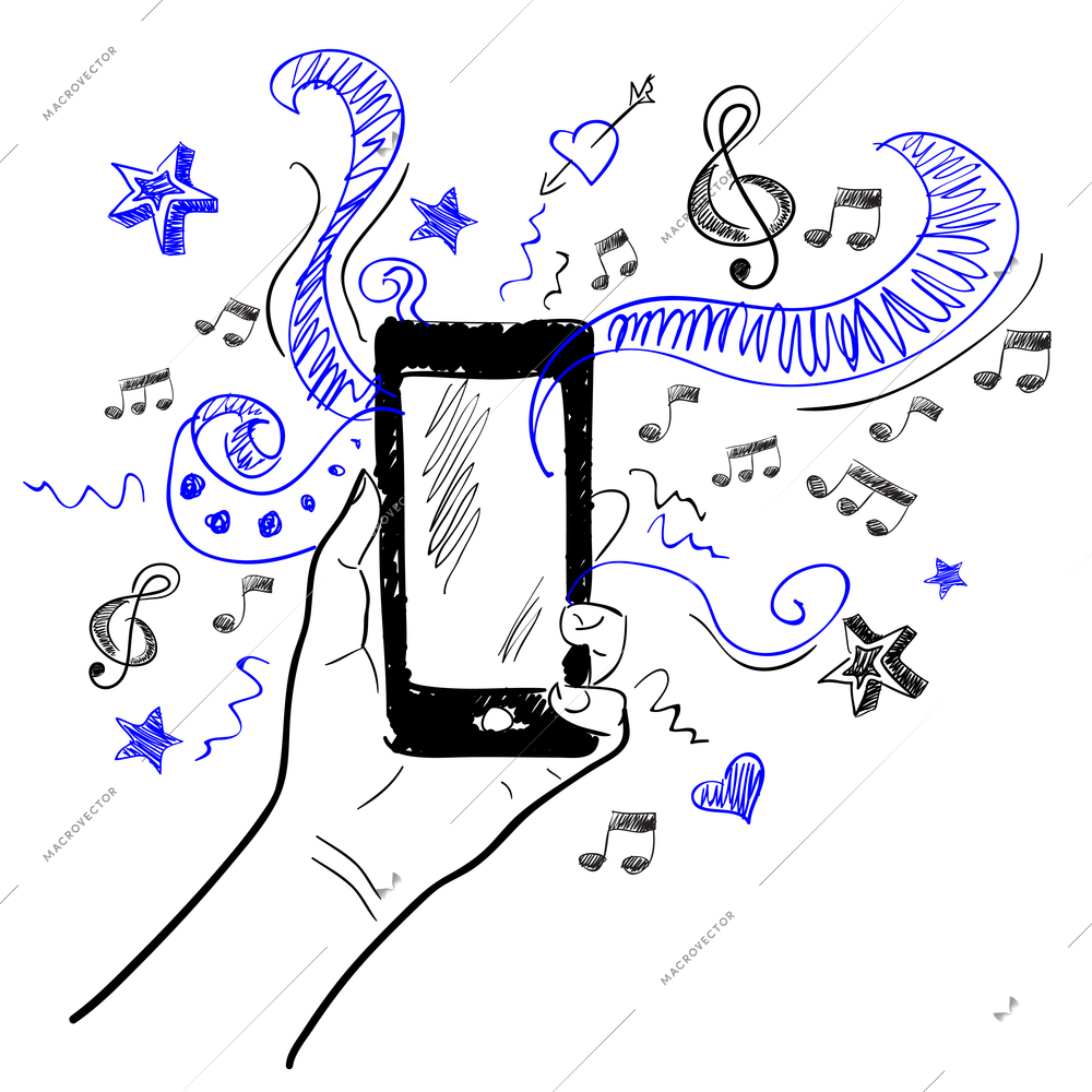 Hand holding smartphone touchscreen sketch music elements background vector illustration