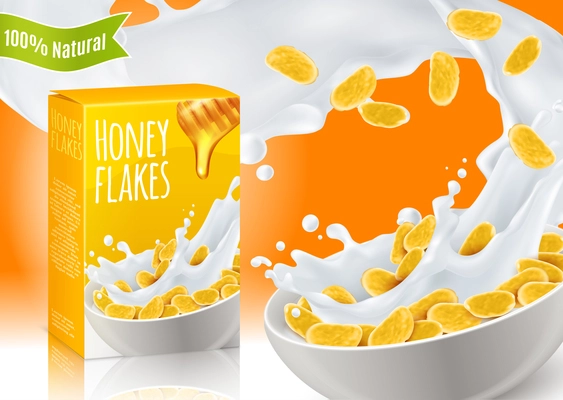 Breakfast cereals with honey and milk realistic composition with product advertising on orange background vector illustration