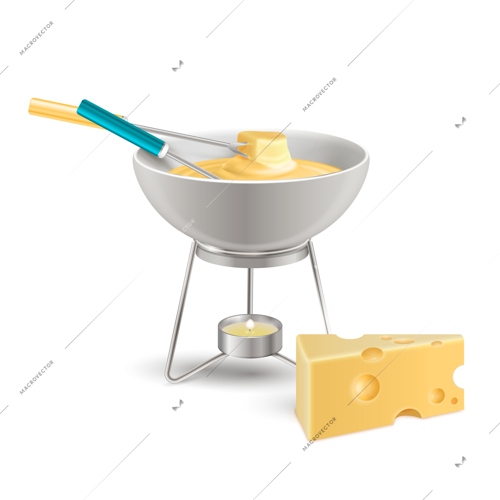 Cheese fondue in ceramic bowl on fire from candle realistic composition on white background vector illustration