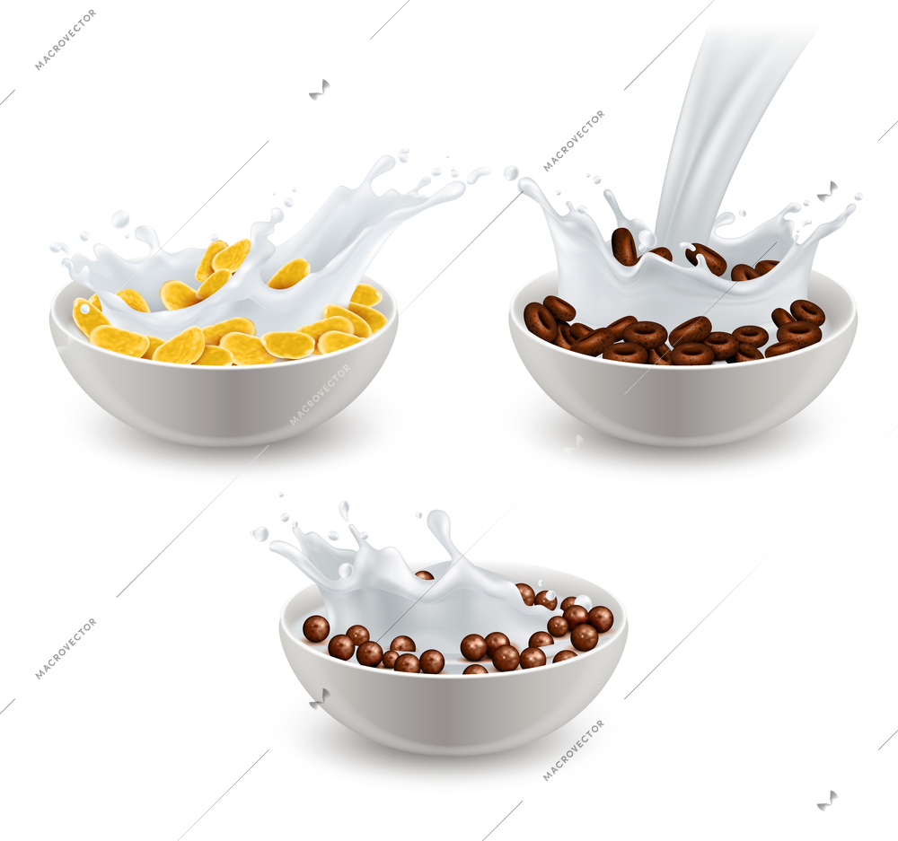 Set of realistic breakfast cereals in white ceramic bowls with splashes of milk isolated vector illustration