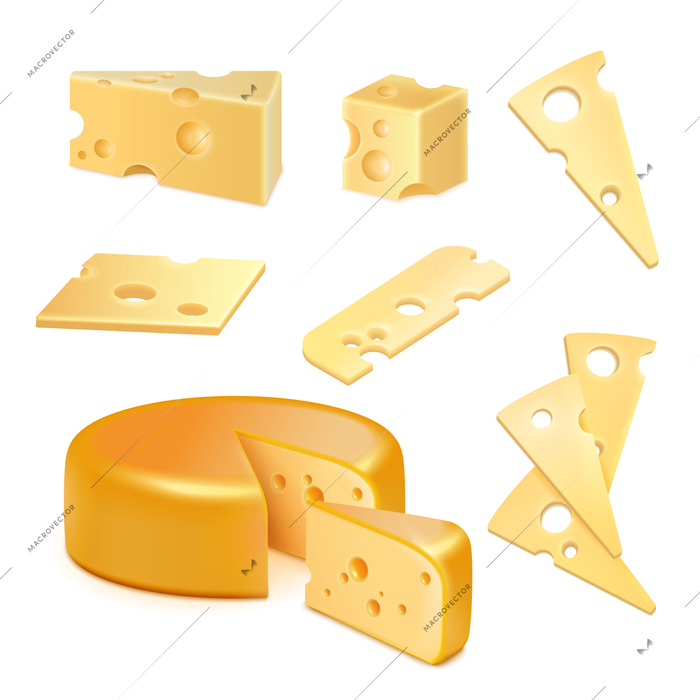 Cheese with holes, pieces and slices of various shape realistic set on white background isolated vector illustration