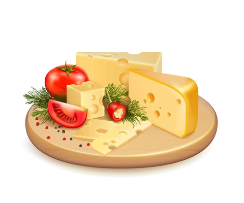 Cheese with vegetables, fresh greens and spice on wooden plate 3d composition on white background vector illustration