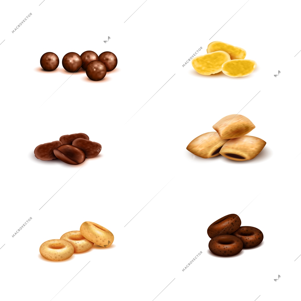 Crispy breakfast cereals of various shape and color realistic set on white background isolated vector illustration