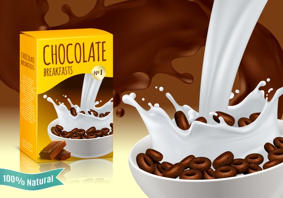 Chocolate breakfast cereals with milk in bowl realistic ad composition with carton packaging of product, vector illustration