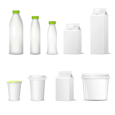 Set of white blank realistic dairy packaging including plastic bottles and carton packets isolated vector illustration