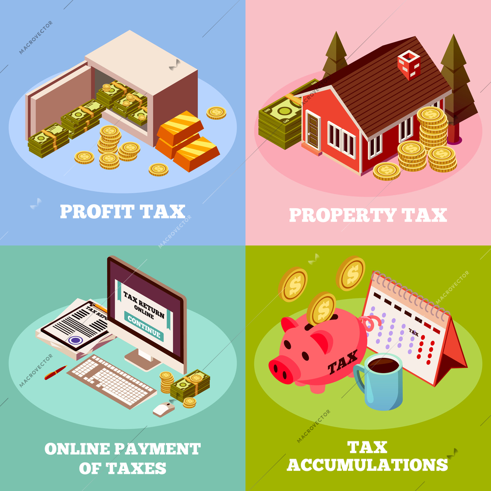 Accounting and taxes 2x2 isometric design concept with profit tax property tax online payment square icons vector illustration