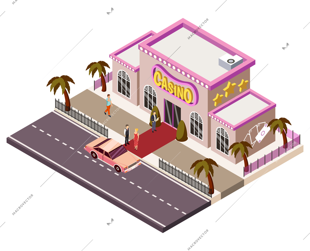 Casino building isometric composition with people arrived by car to play roulette and poker vector illustration