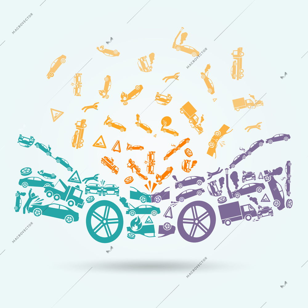 Car crash auto collision vehicle accident icons concept vector illustration