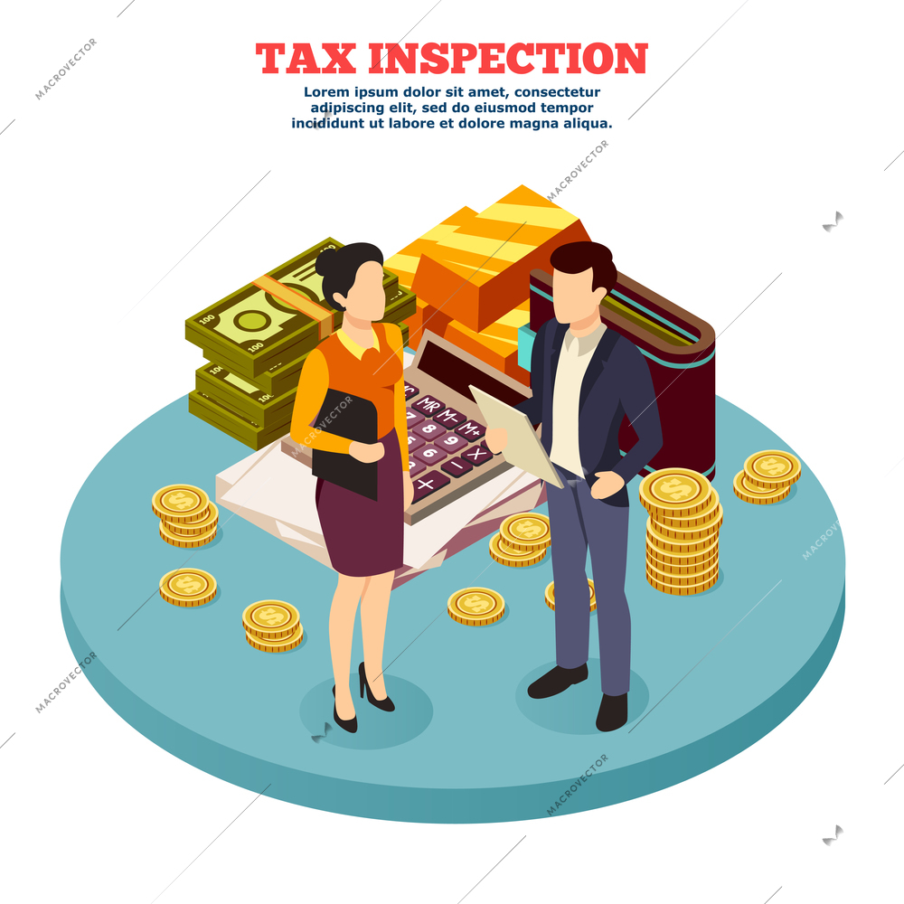 Tax inspection Isometric composition with man and woman figurines and business icons vector illustration