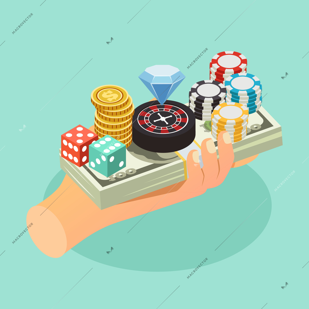 Casino isometric background with human hand holding accessories of gambling games on bundle of banknotes vector illustration