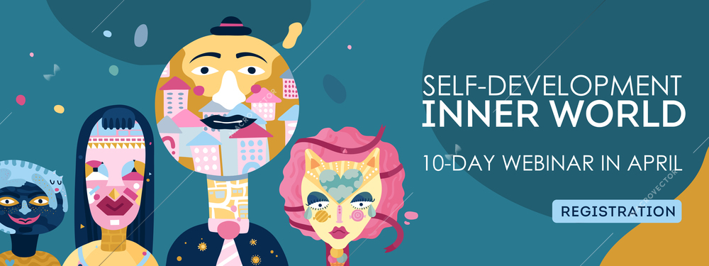 Inner world self-development online webinar registration webpage header with personality types characters symbols abstract vector illustration