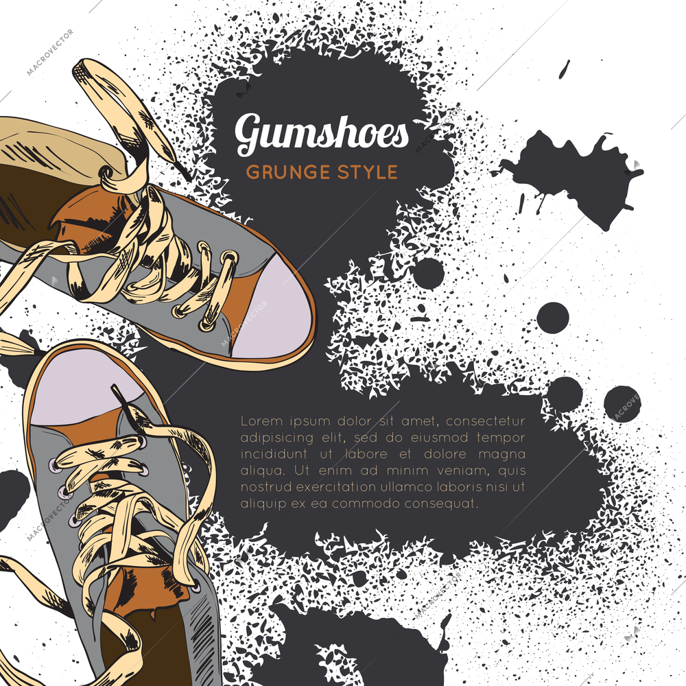 Colored funky gumshoes casual footwear grunge style with ink splash background vector illustration