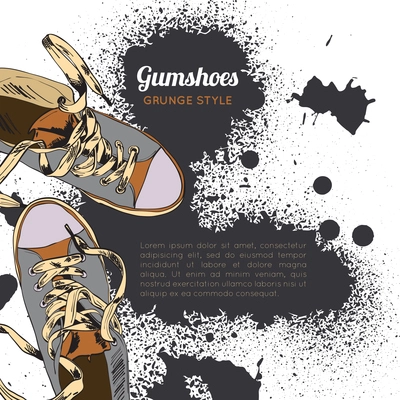 Colored funky gumshoes casual footwear grunge style with ink splash background vector illustration