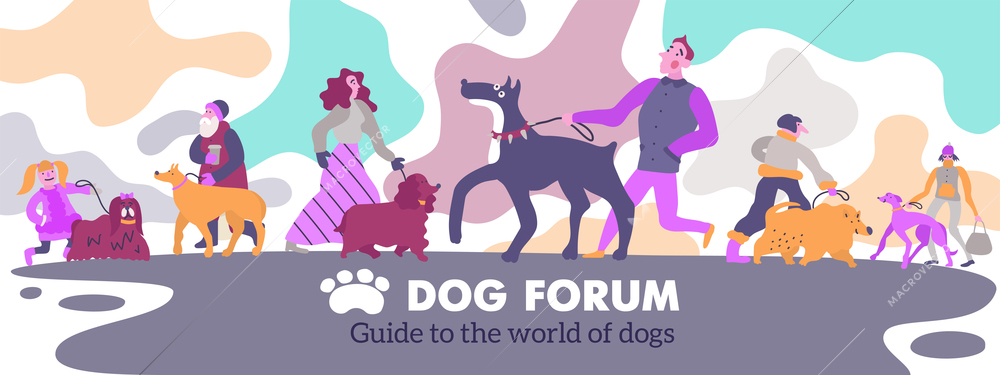 Dog forum webpage header with poodle spaniel golden retriever german mastiff terrier owners abstract background vector illustration