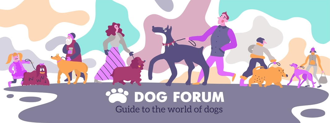 Dog forum webpage header with poodle spaniel golden retriever german mastiff terrier owners abstract background vector illustration