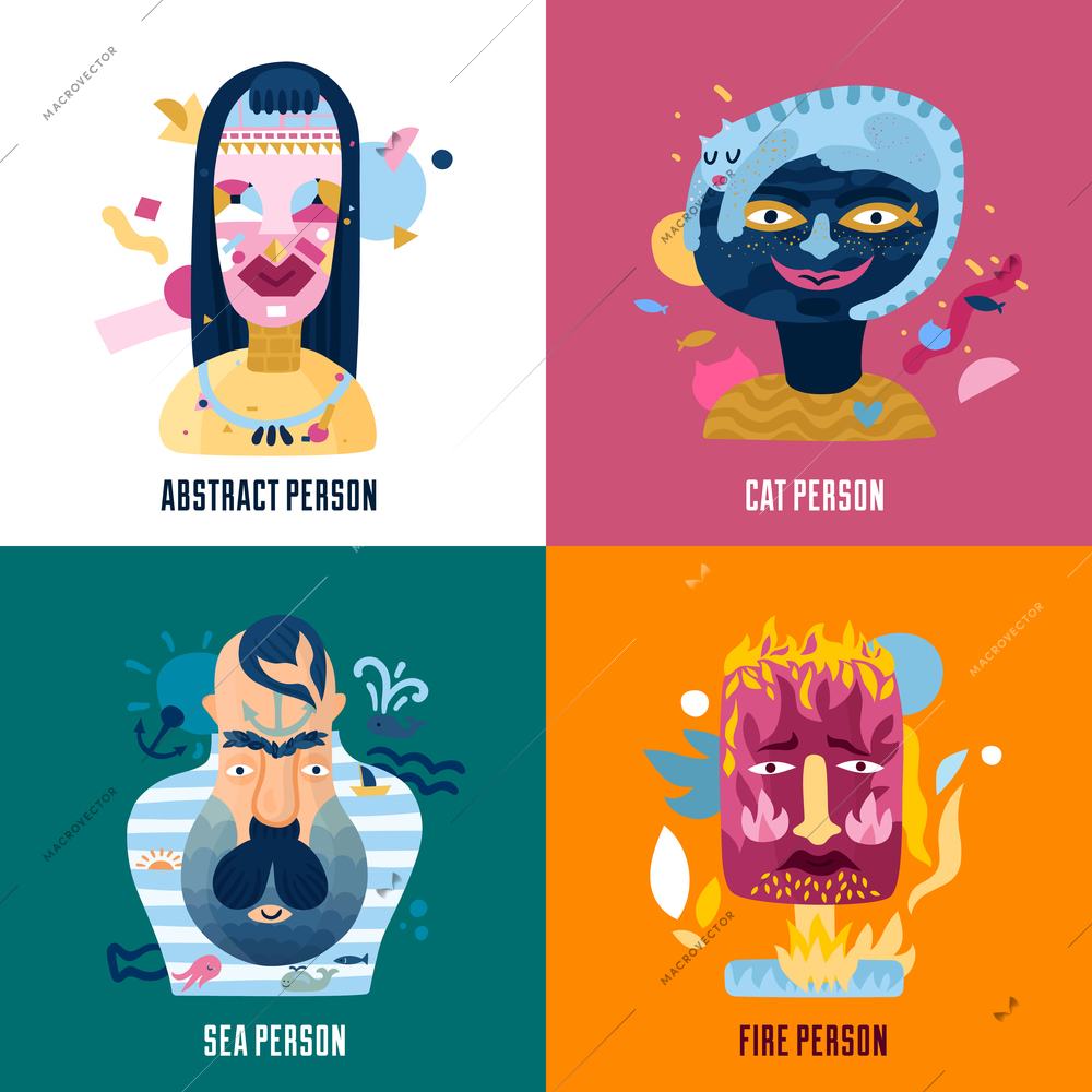 Human inner world concept 4 icons square with fire cat sea persons types abstract isolated vector illustration