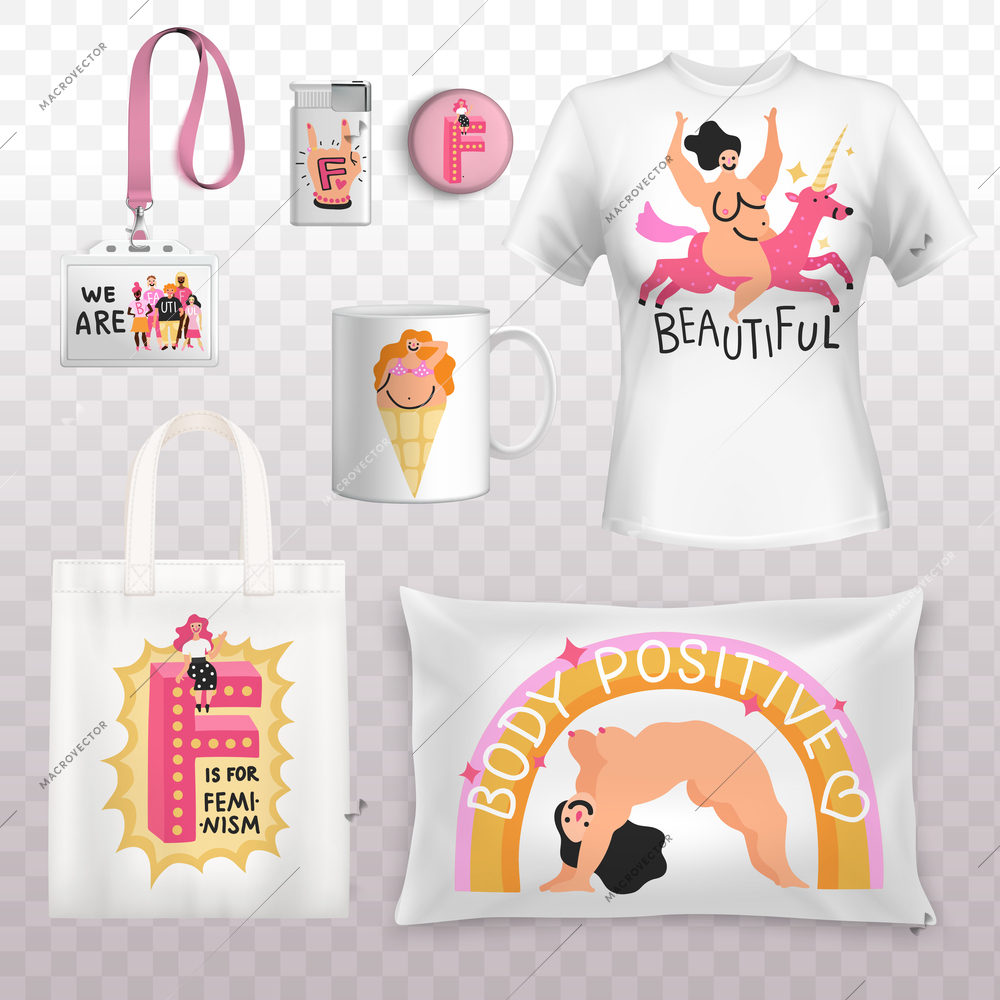 Feminism identity positive female body prints items set with shirt bag pillow badge transparent background vector illustration