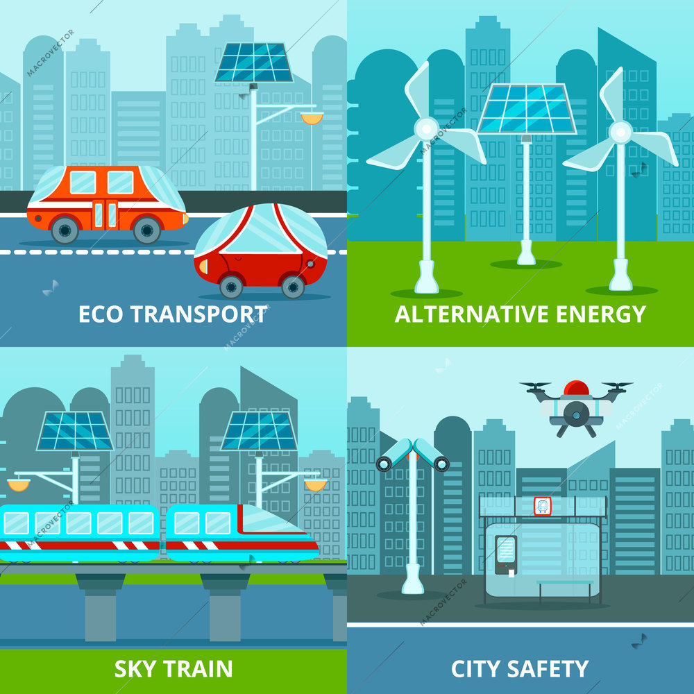 Smart city 2x2 design concept with flat images of alternative energy sources and electric transport vehicles vector illustration