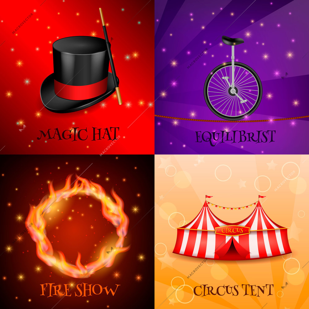 Circus 2x2 realistic 3d design concept with four backgrounds for magic show colourful images and text vector illustration