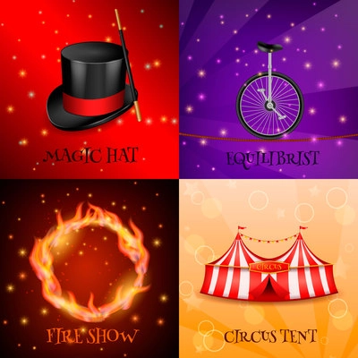 Circus 2x2 realistic 3d design concept with four backgrounds for magic show colourful images and text vector illustration