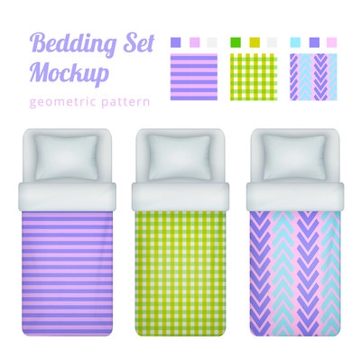 Realistic single bed bedding set of three isolated beds and abstract shaped patterns for bed linen vector illustration