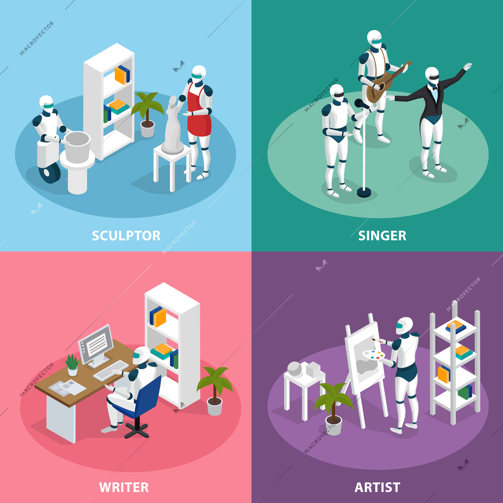 Artificial intelligence 4 isometric icons concept with creative robots sculptor artist writer singer musician isolated vector illustration