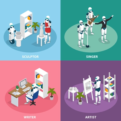 Artificial intelligence 4 isometric icons concept with creative robots sculptor artist writer singer musician isolated vector illustration