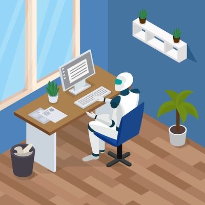 Artificial intelligence isometric composition with creative ai robot writer sitting at computer and typing text vector illustration