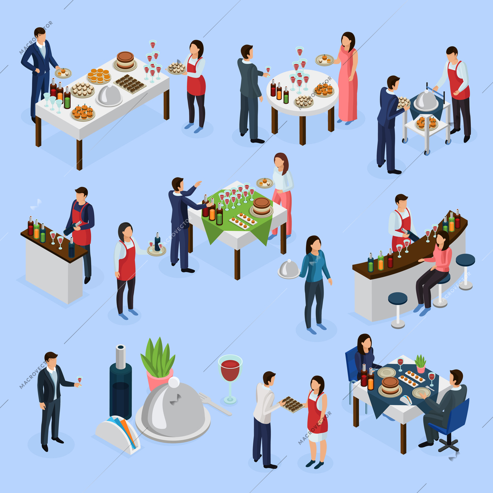 Catering service isometric elements collection with corporate meeting banquets anniversaries wedding buffet bar guests waiters vector illustration