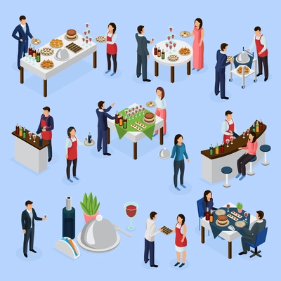 Catering service isometric elements collection with corporate meeting banquets anniversaries wedding buffet bar guests waiters vector illustration