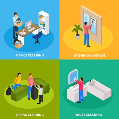 Spring thoroughly cleaning concept 4 isometric icons with office tidying up windows bathroom washing isolated vector illustration