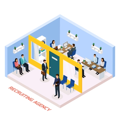 Recruitment agency for permanent job part time work seekers isometric composition with staff interviewing candidates vector illustration
