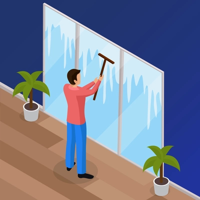 Spring thorough house cleaning works isometric background poster with man washing windows with squeegee wiper vector illustration